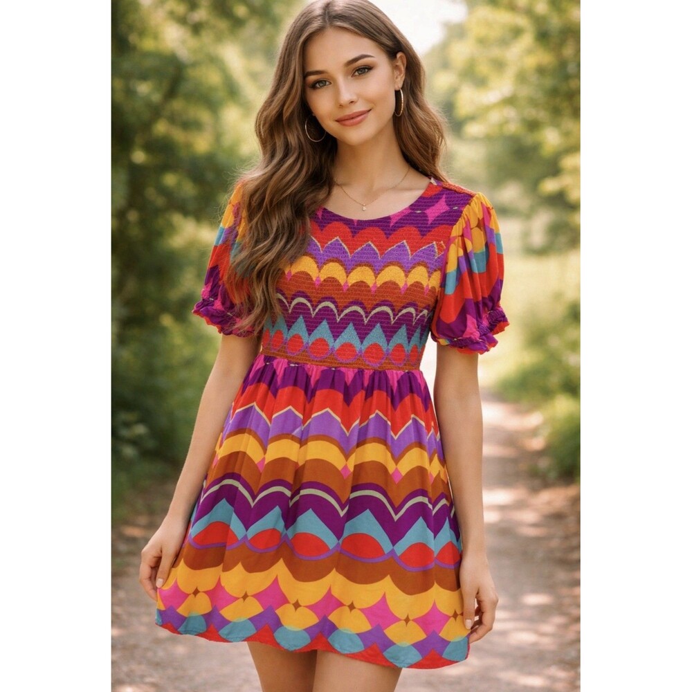 Chances R Women’s Multicolor  Smocked Mini Dress Puff Short Sleeve Pullover XL